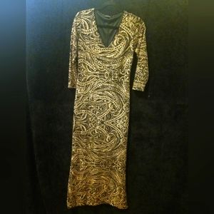 Marina gold and black sequin gown.
